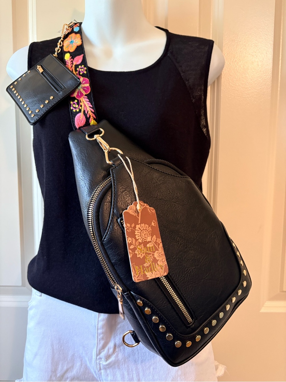 NWT, Black Studded Crossbody Sling Bag with Embroidered Strap